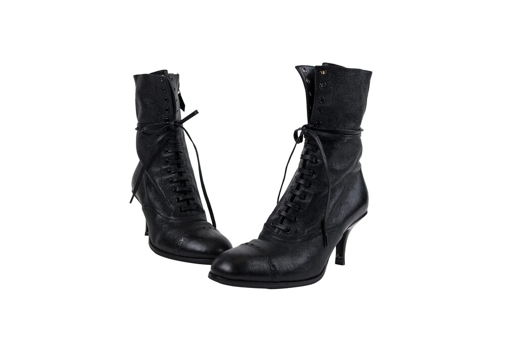 Miu Miu Black Leather Lace Up Kitten Booties Size 38.5